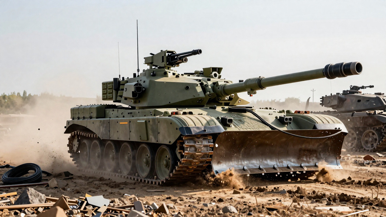 Tanque de guerra verde passando por terreno arenoso com lâmina dianteira e pedaços de destroços ao redor.