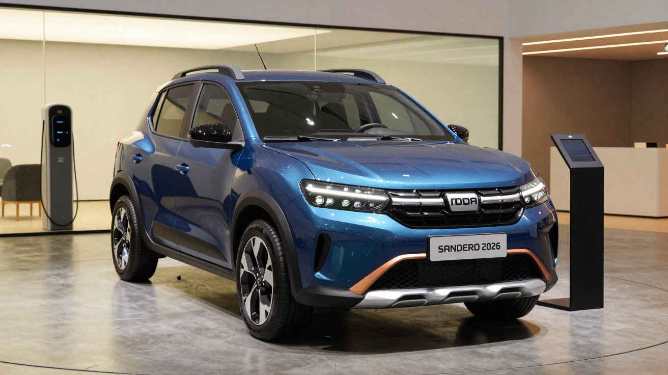 Carro azul Sandero 2026 em exposição moderna com estação de recarga elétrica ao fundo.