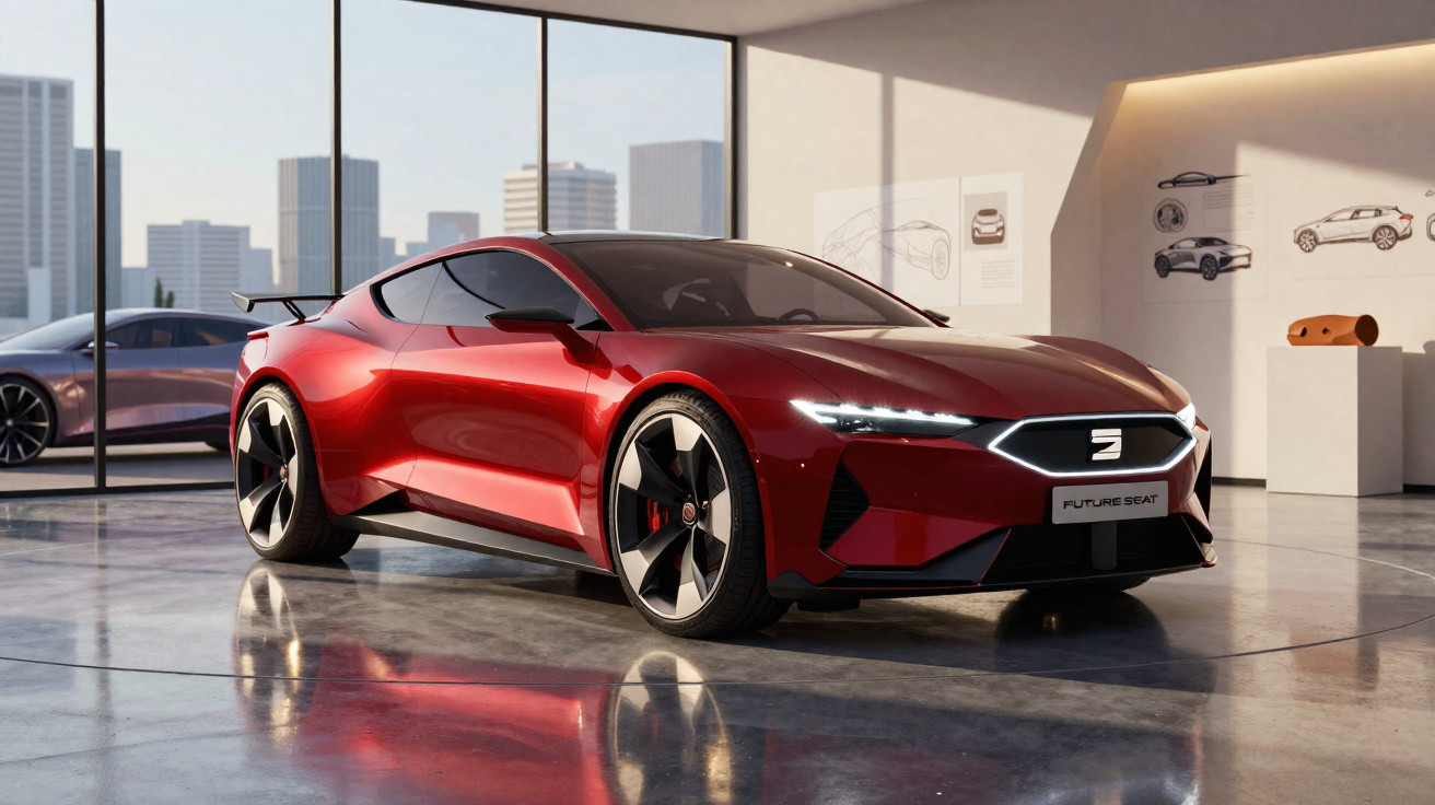 Carro esportivo elétrico vermelho futurista em showroom moderno com grandes janelas e desenhos de design ao fundo.