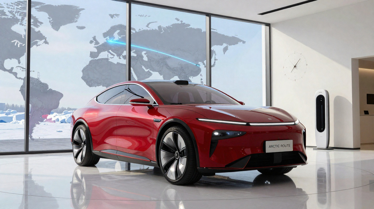 Carro elétrico vermelho em showroom moderno com mapa-múndi e luzes azuis ao fundo.