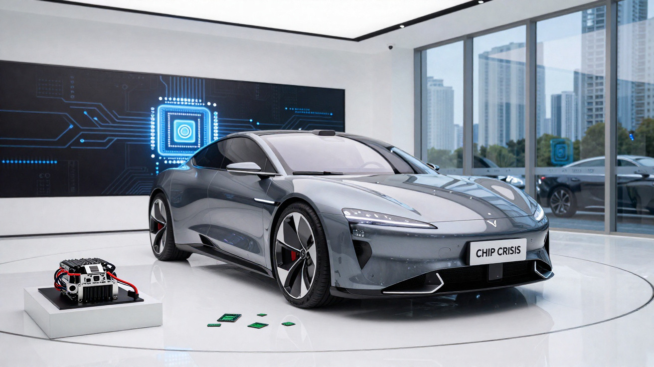 Carro esportivo cinza em exposição futurista com chips eletrônicos e painel tecnológico ao fundo.