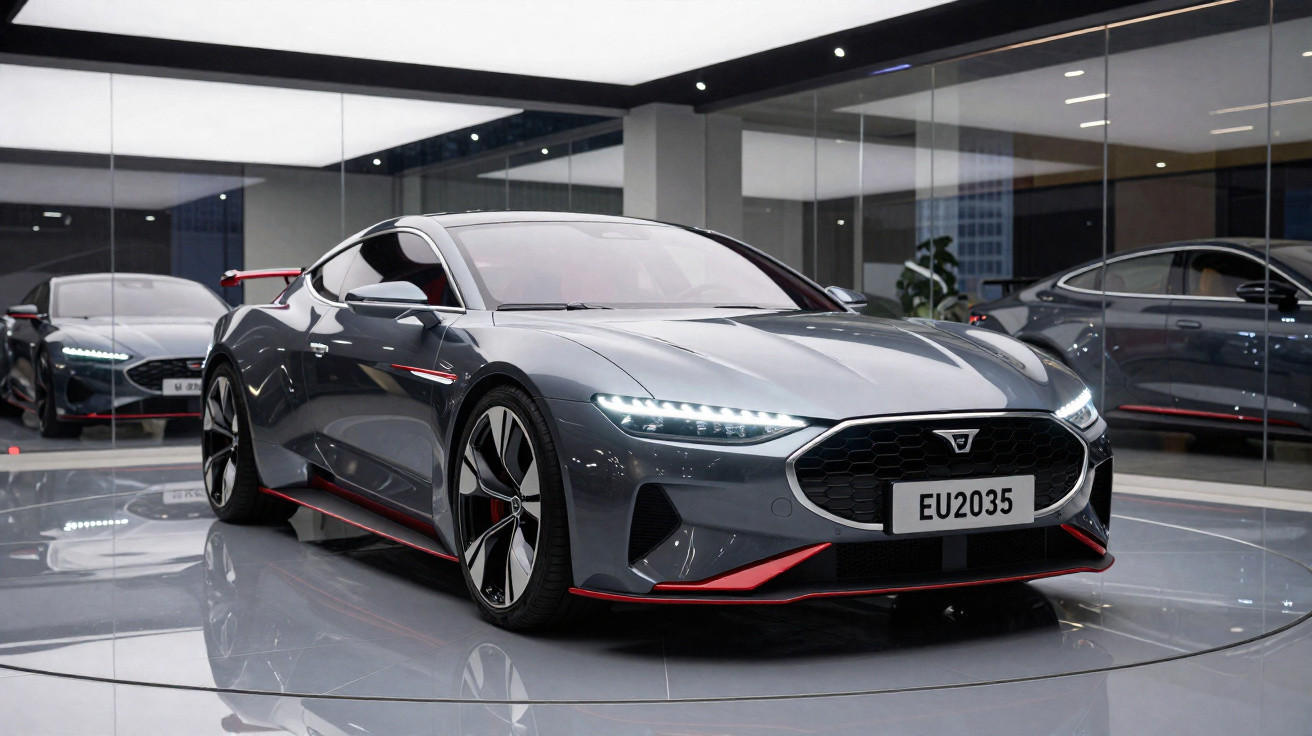 Carro esportivo cinza metálico com detalhes vermelhos em exposição em showroom moderno com vidro ao redor.