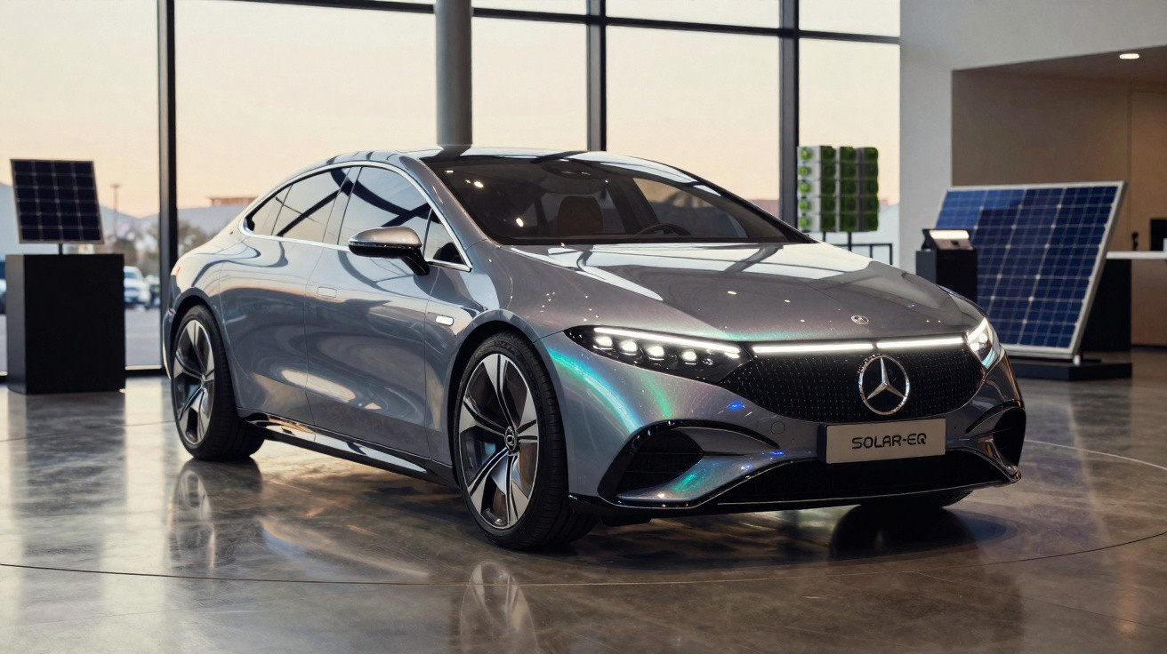 Carro elétrico Mercedes-Benz Solar.EQ prata em exposição interna com painéis solares ao fundo.