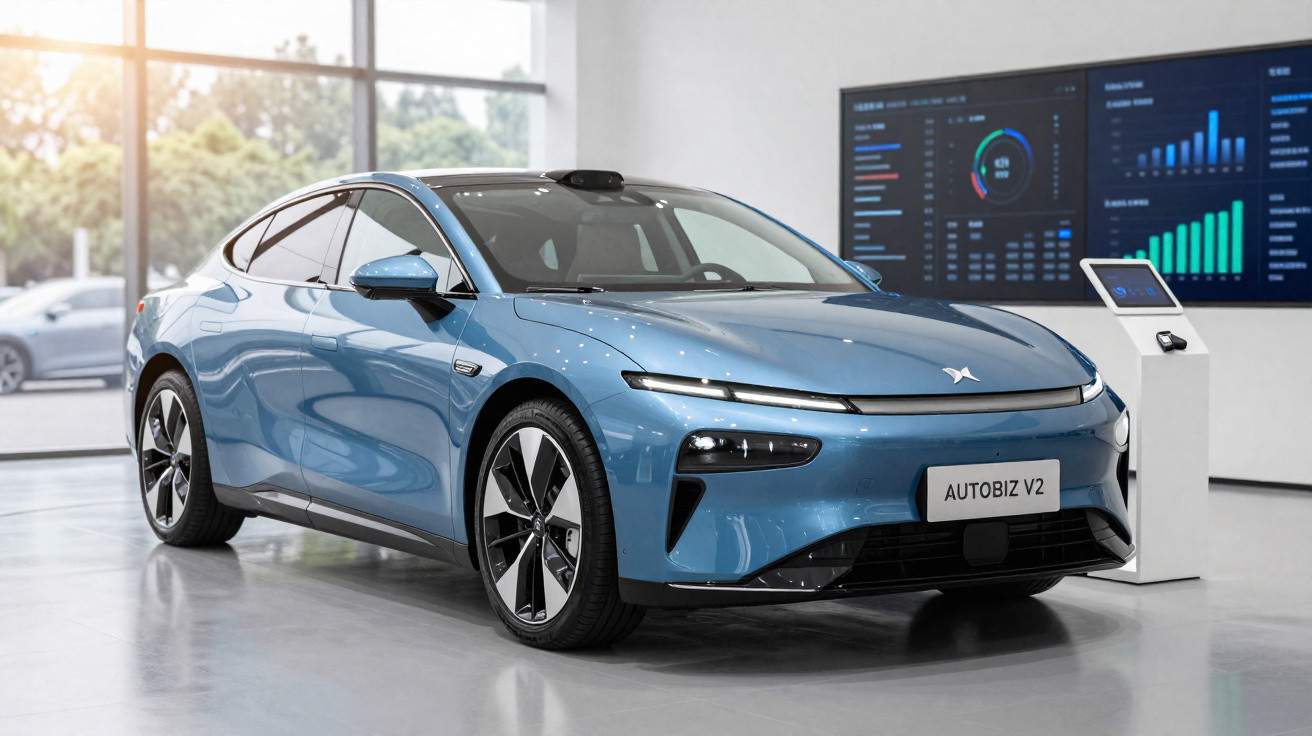 Carro elétrico azul modelo AUTOBIZ V2 exposto em ambiente moderno com painéis de dados ao fundo.