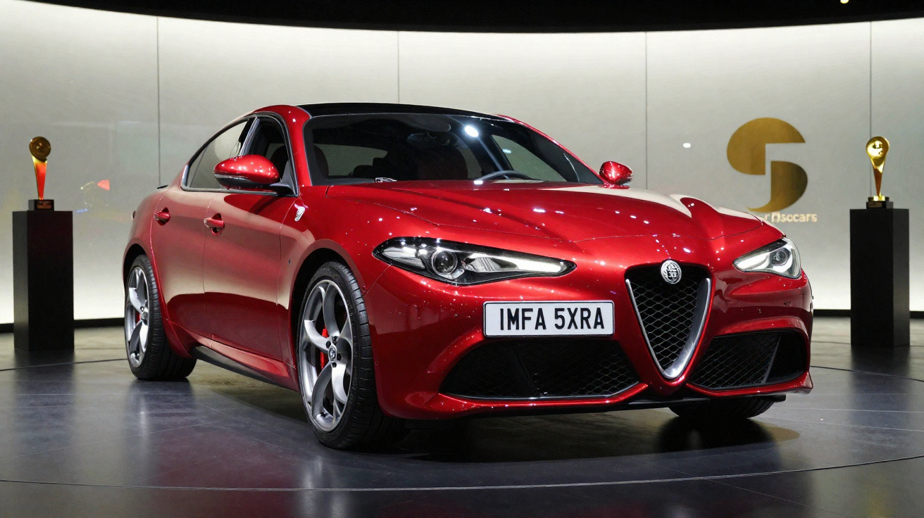 Carro Alfa Romeo Giulia vermelho em exposição, com dois troféus ao fundo e placa IMFA 5XRA.