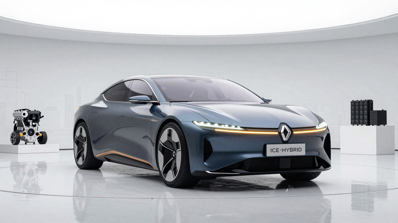 Carro esportivo cinza escuro Renault ICE-HYBRID em ambiente futurista com peças automotivas ao fundo.