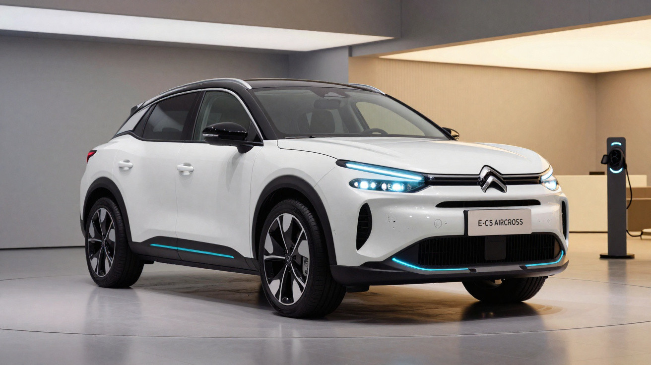 Carro elétrico branco Citroën E-C5 Aircross estacionado em área interna moderna com carregador ao fundo.