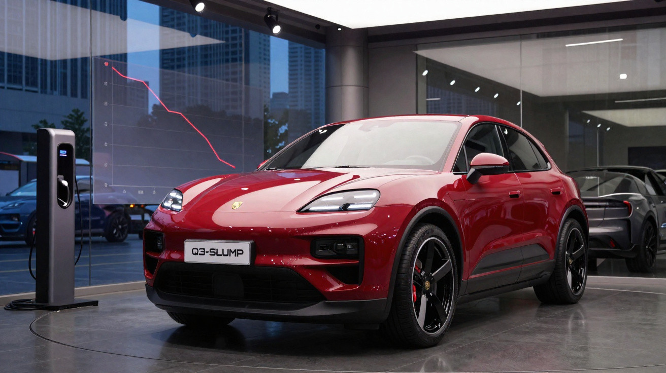 Carro elétrico vermelho Porsche Q3-Slump em showroom moderno com estação de recarga ao lado.