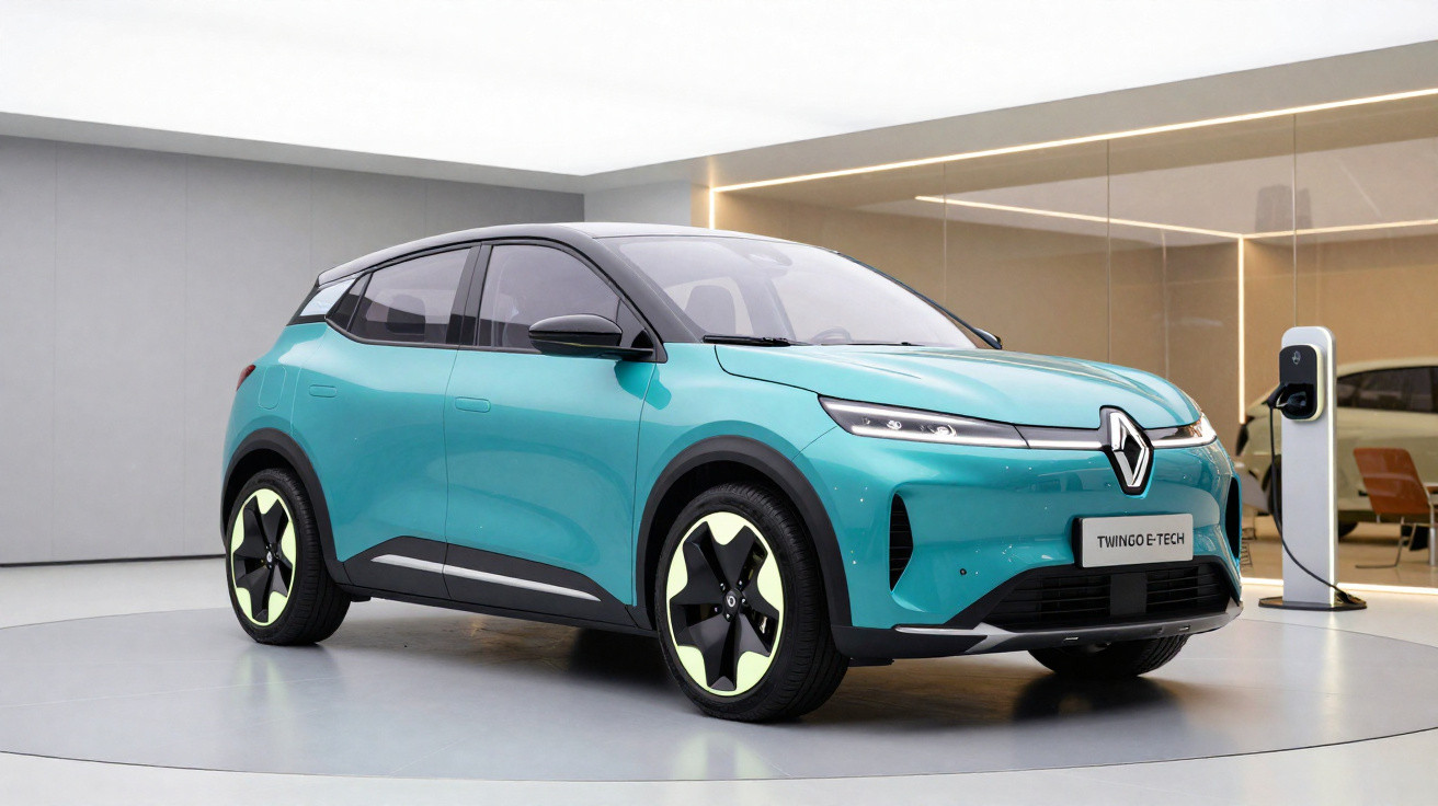 Carro elétrico Renault Twingo E-Tech azul em ambiente moderno com estação de recarga ao fundo.