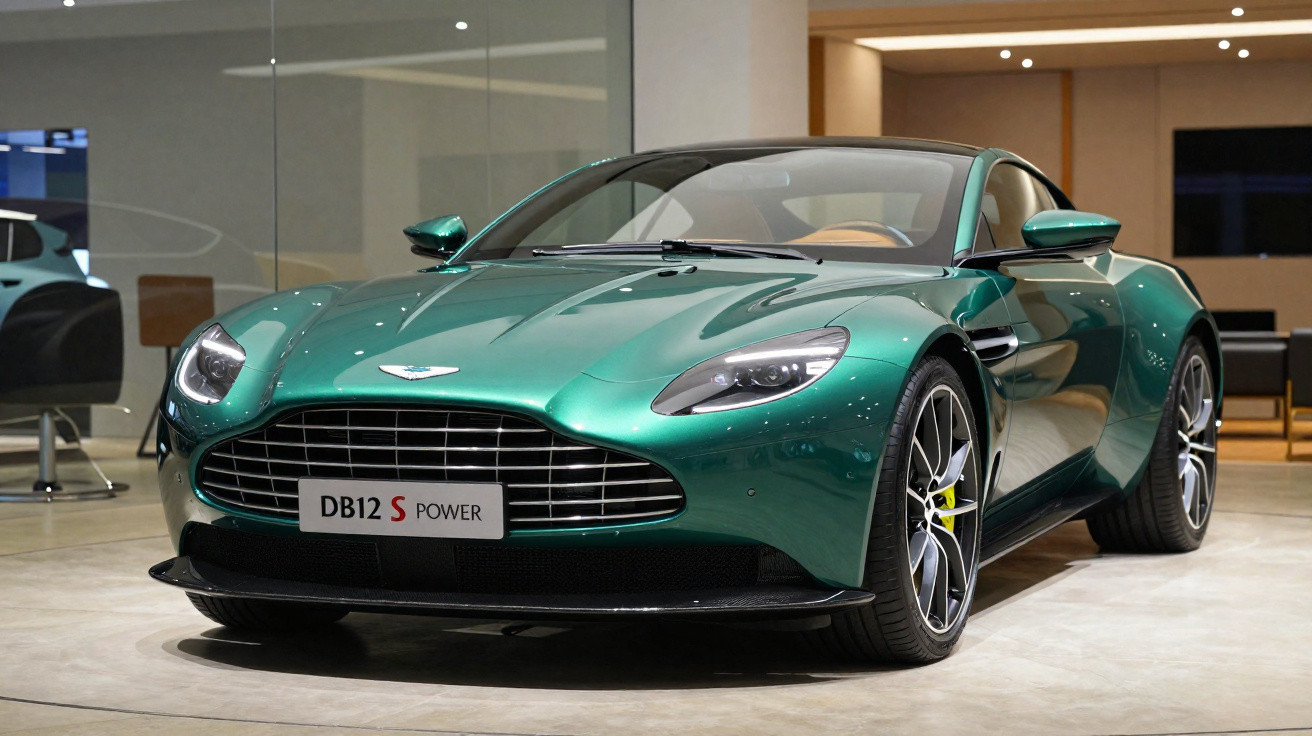 Carro esportivo Aston Martin DB12 S Power verde em exposição interna, com design aerodinâmico e rodas esportivas.