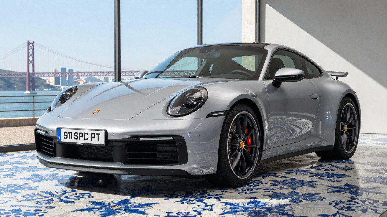 Carro esportivo Porsche prata estacionado em ambiente interno com piso decorado e vista para uma ponte.