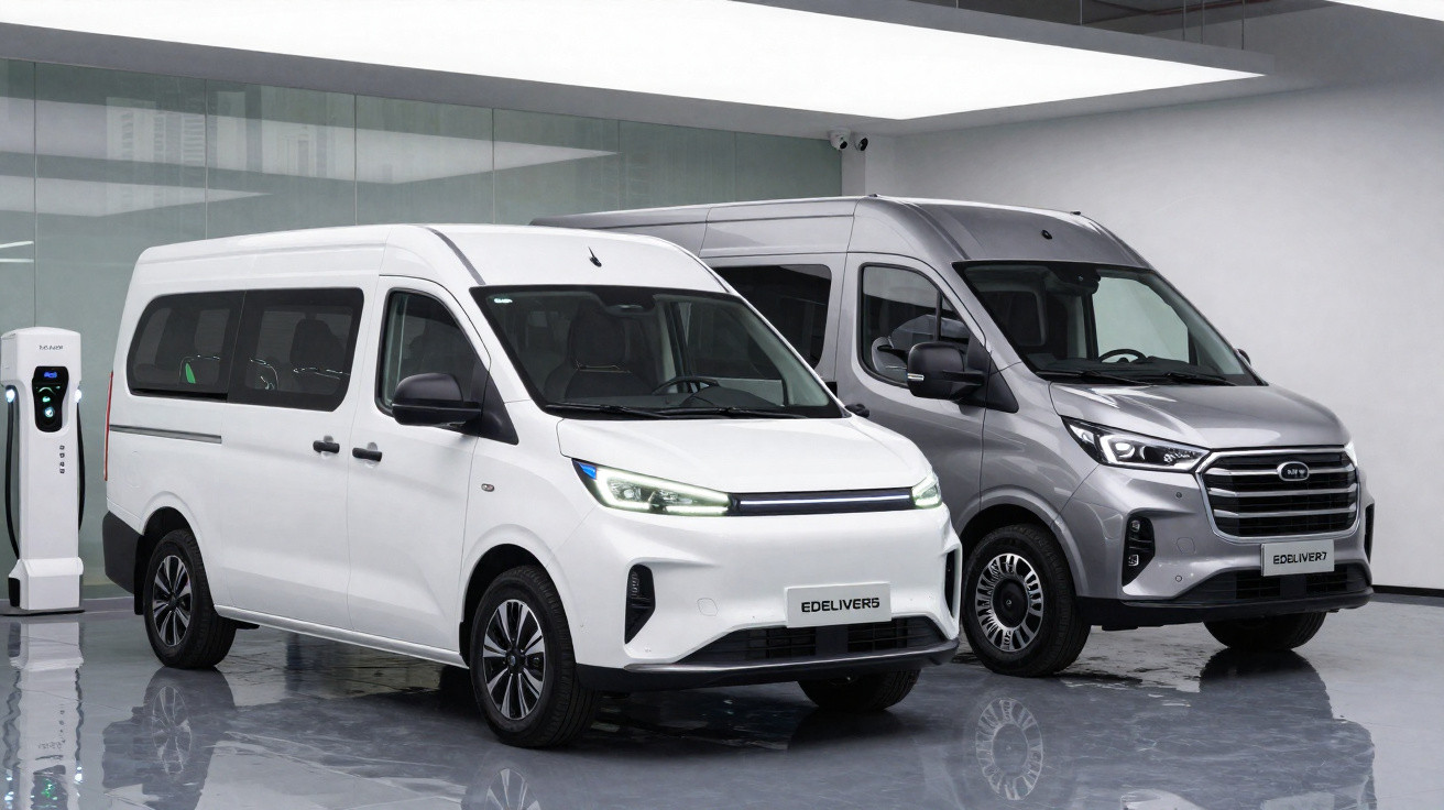 Duas vans elétricas estacionadas em ambiente moderno, uma branca e outra cinza, próximas a um ponto de recarga.