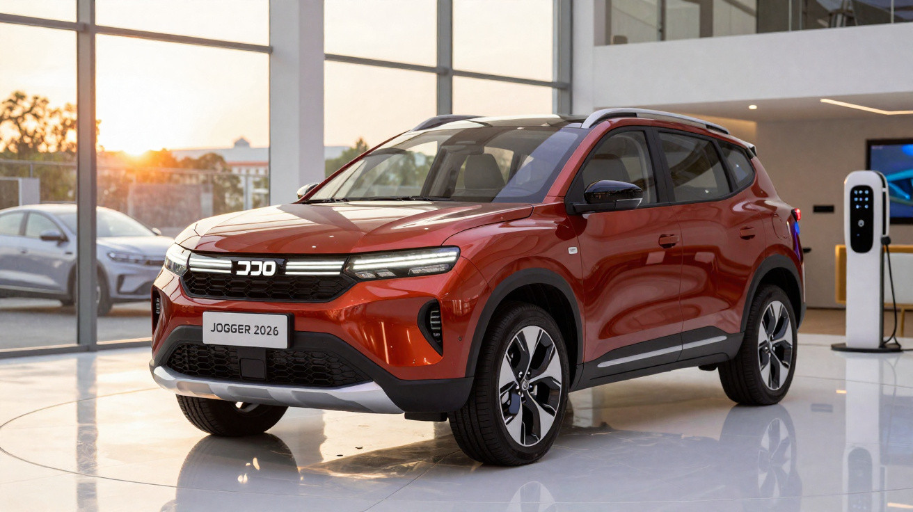 SUV vermelho Dacia Jogger 2026 exibido em showroom moderno com piso refletivo e grande iluminação natural.