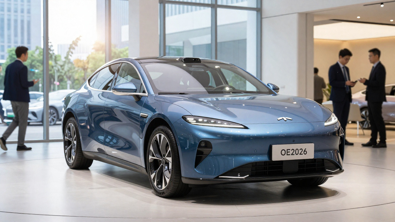 Carro elétrico azul estão em exibição em salão de automóveis moderno com pessoas ao fundo.
