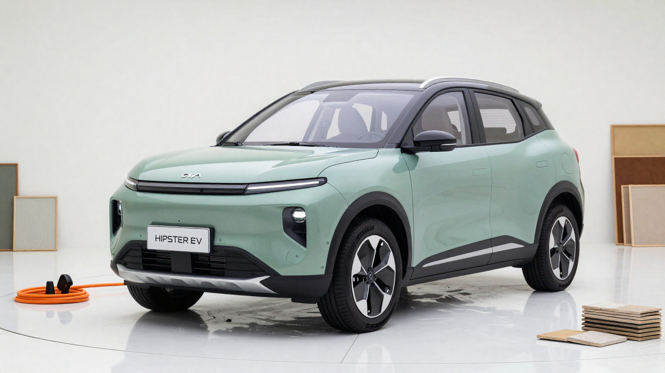 Carro elétrico compacto verde com detalhes pretos, plugado para carregamento em ambiente branco minimalista.