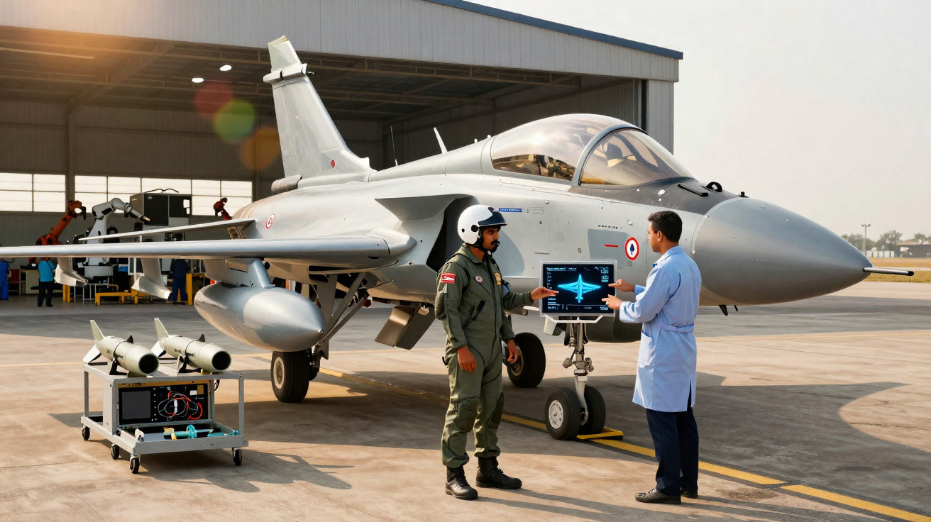 Avião de caça estacionado com dois homens em uniforme discutindo próximo a equipamento eletrônico.
