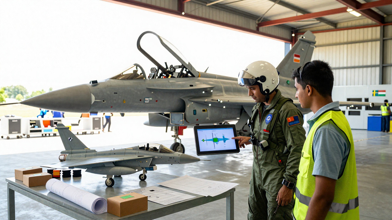 Dois homens em hangar com modelo reduzido e caça real, avioneta e prancheta digital com dados técnicos.