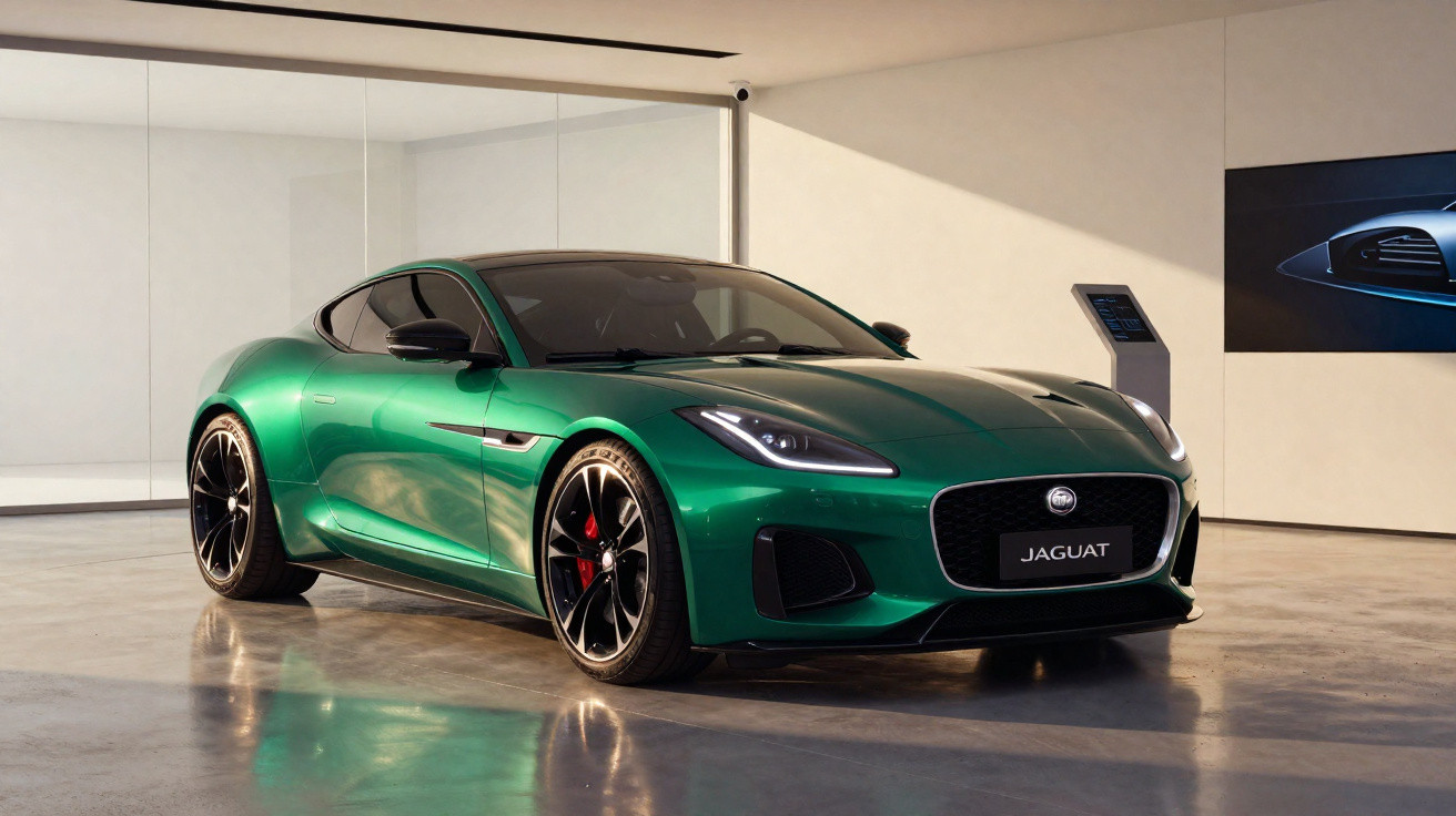 Carro esportivo Jaguar verde metálico estacionado em showroom moderno com piso refletivo.