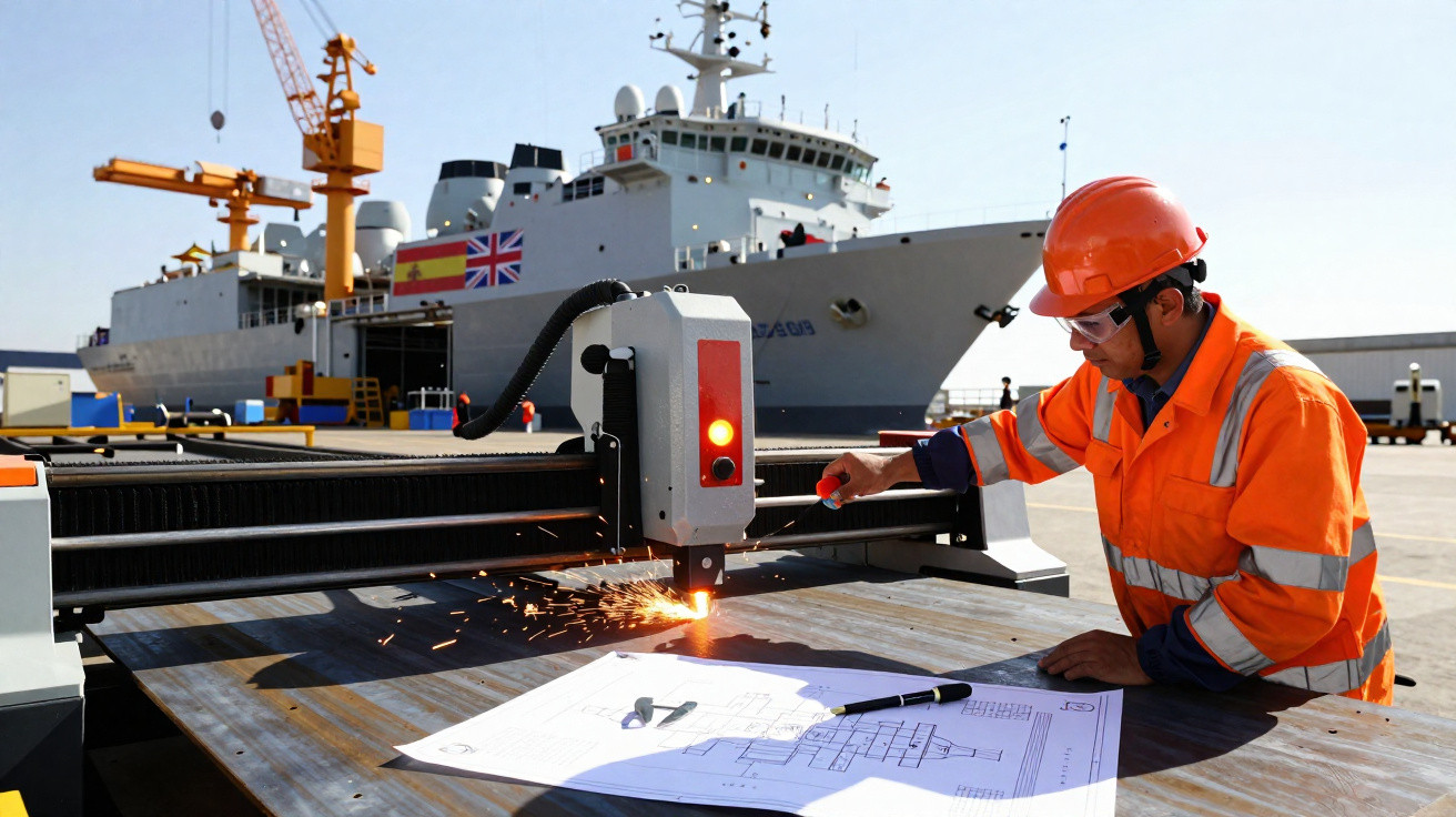 Trabalhador com equipamento de segurança opera máquina de corte a laser em estaleiro naval com navio ao fundo.