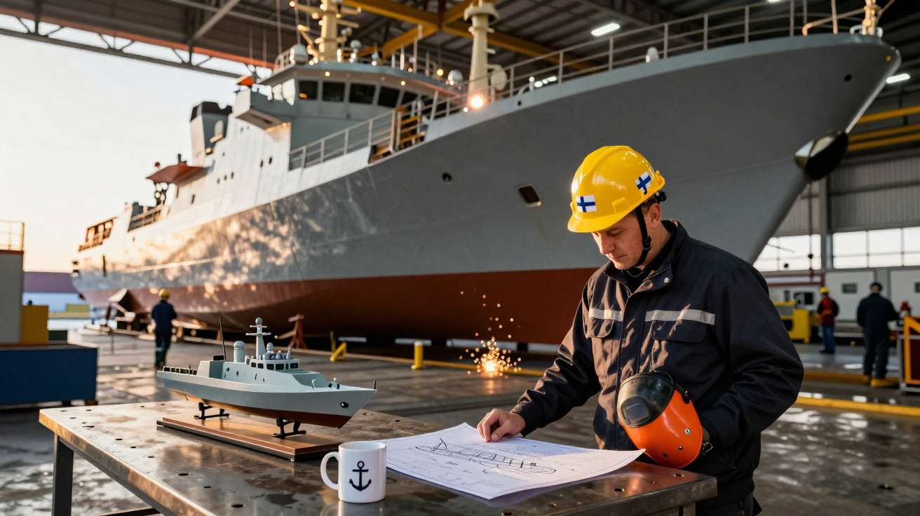 Engenheiro naval com capacete amarelo analisa projeto ao lado de modelo de navio em estaleiro industrial.