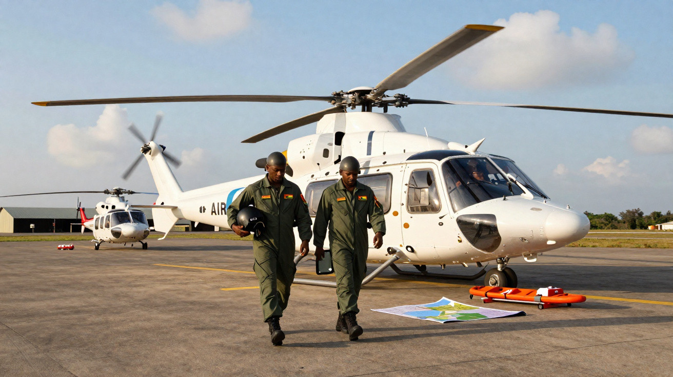 Dois pilotos militares caminhando na pista ao lado de helicópteros brancos estacionados sob céu claro.