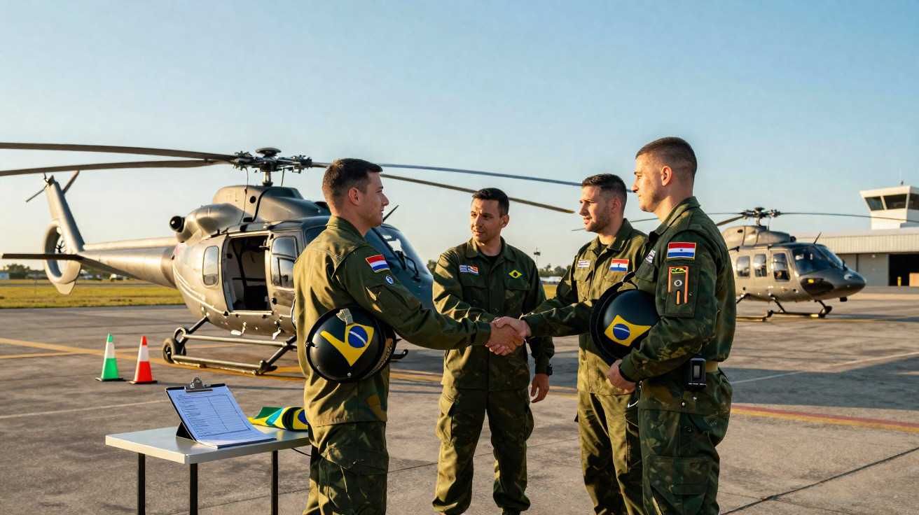 Quatro militares com uniformes e capacetes brasileiros apertam as mãos perto de helicópteros cinzas em um heliporto.