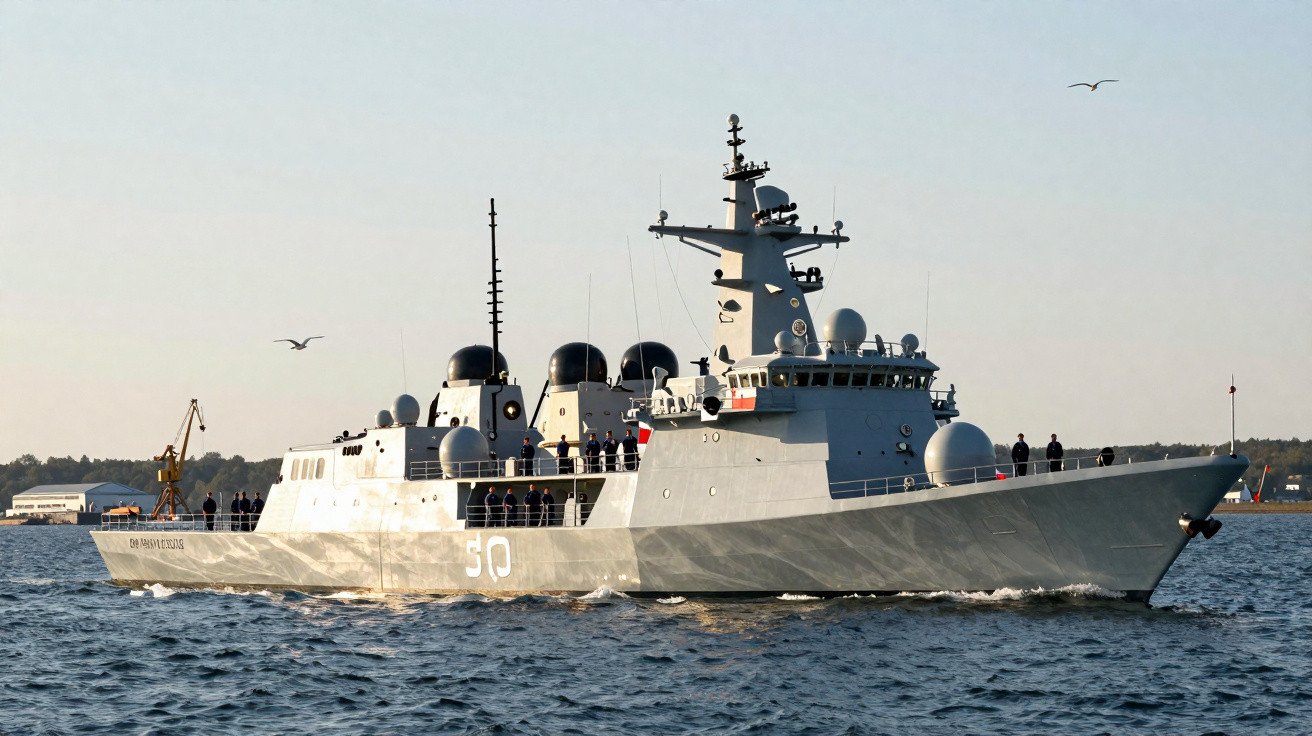 Navio militar cinza com número 50 navegando em mar calmo com tripulantes no convés.