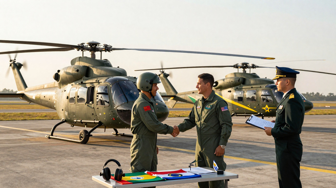 Dois pilotos militares cumprimentam-se em pista com helicópteros ao fundo e oficial observando com prancheta.