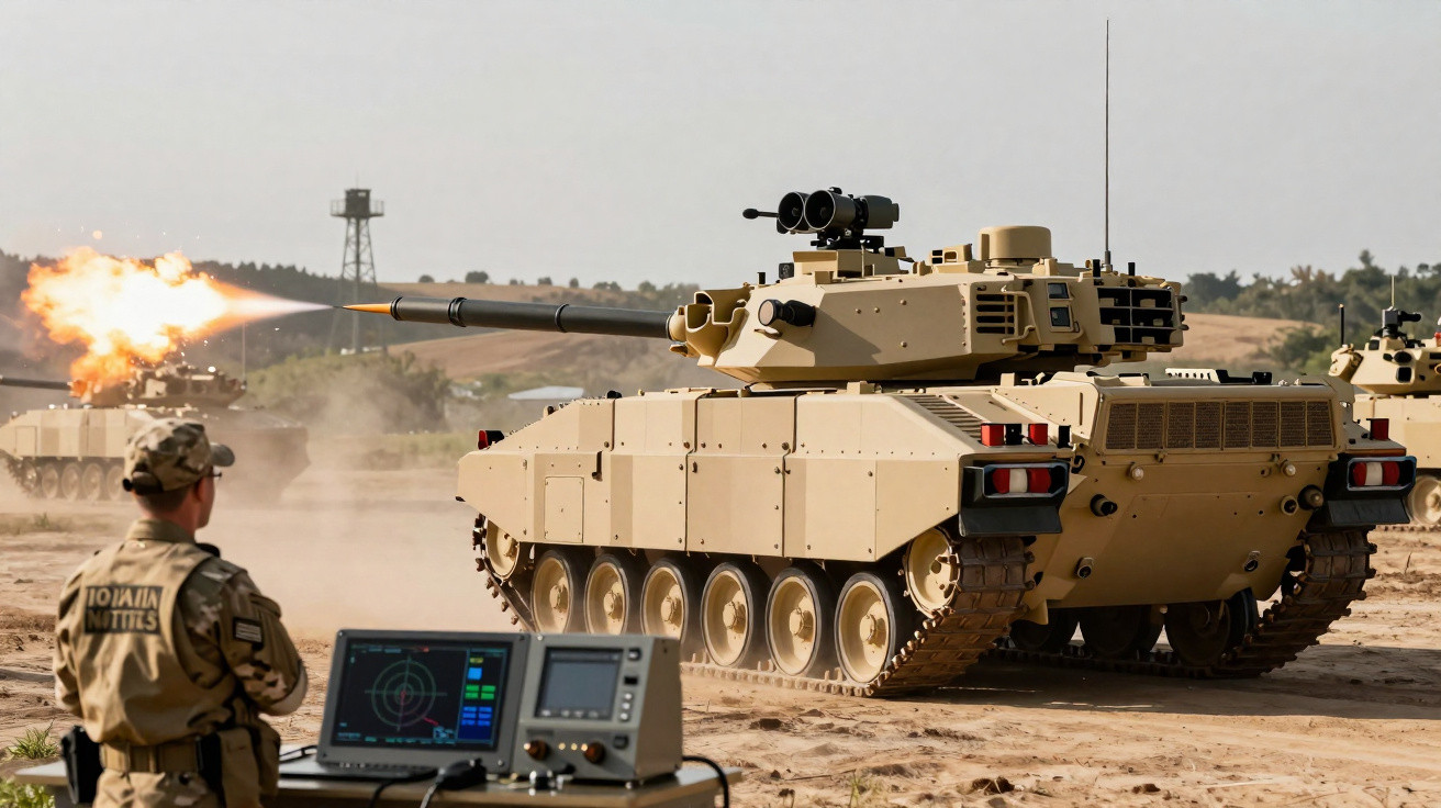Tanque militar disparando durante treinamento com soldado monitorando sistema de controle.