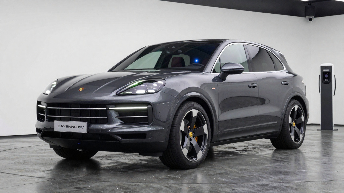 Carro SUV Porsche Cayenne EV cinza estacionado em ambiente interno com estação de recarga elétrica.