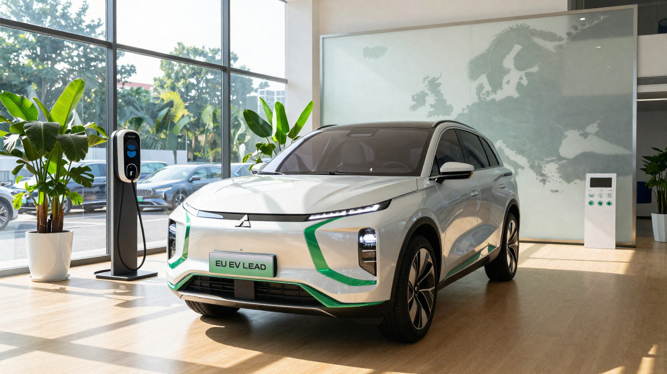 Carro elétrico branco Mitsubishi EU EV LEAD em exposição interna com estação de recarga e plantas ao redor.