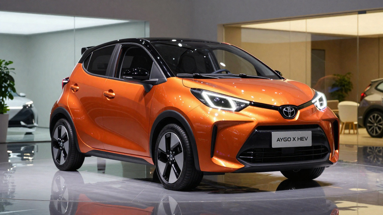 Carro Toyota Aygo X HEV laranja com teto preto exibido em showroom moderno.