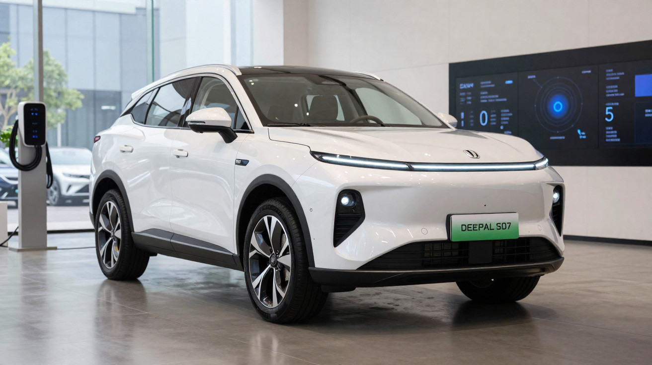 Carro elétrico branco Deepal S07 exposto em showroom moderno com estação de carregamento ao lado.