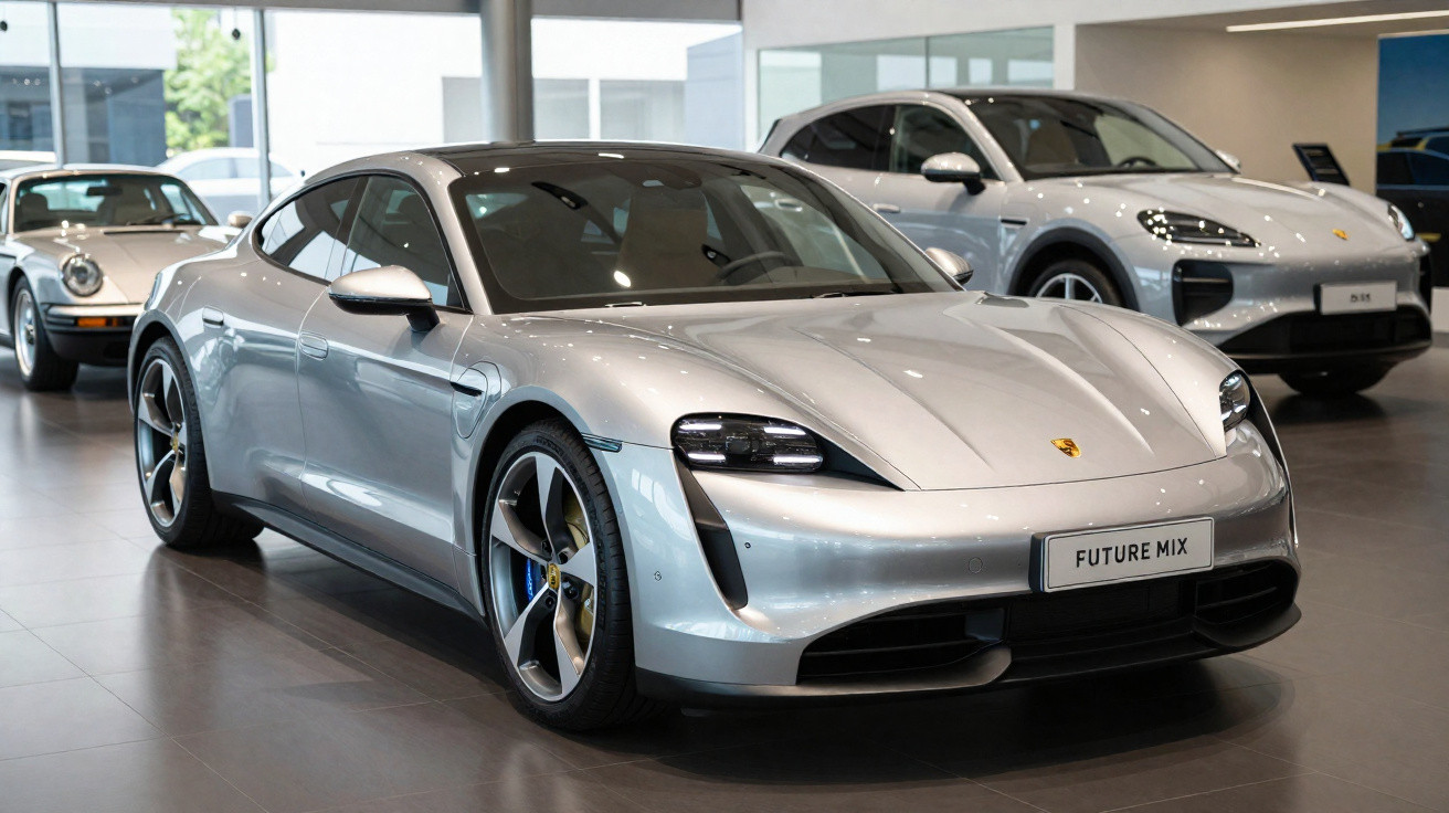 Carro esportivo prata Porsche Taycan exposto em showroom com outros veículos ao fundo.