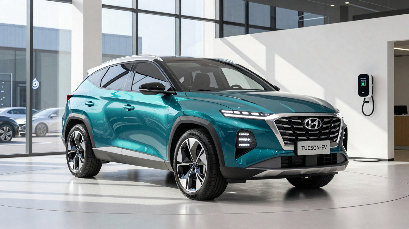 SUV elétrico Hyundai Tucson EV azul em ambiente interno moderno com estação de recarga na parede.