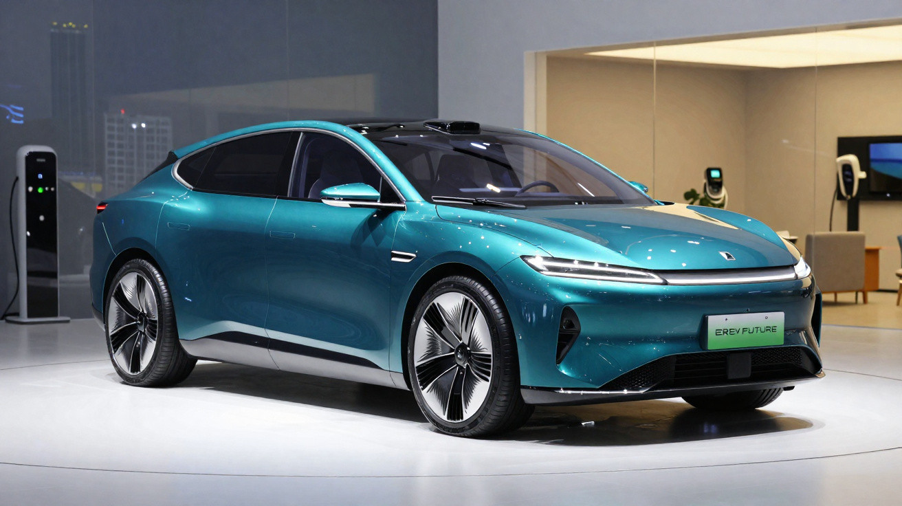Carro elétrico azul metálico com design moderno exposto em showroom bem iluminado.