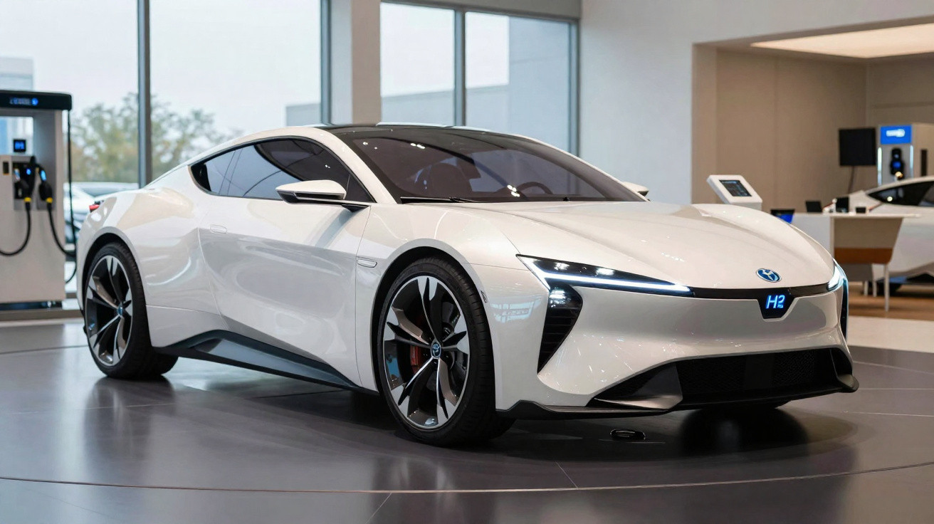 Carro esportivo branco elétrico com luzes dianteiras acesas em showroom moderno.