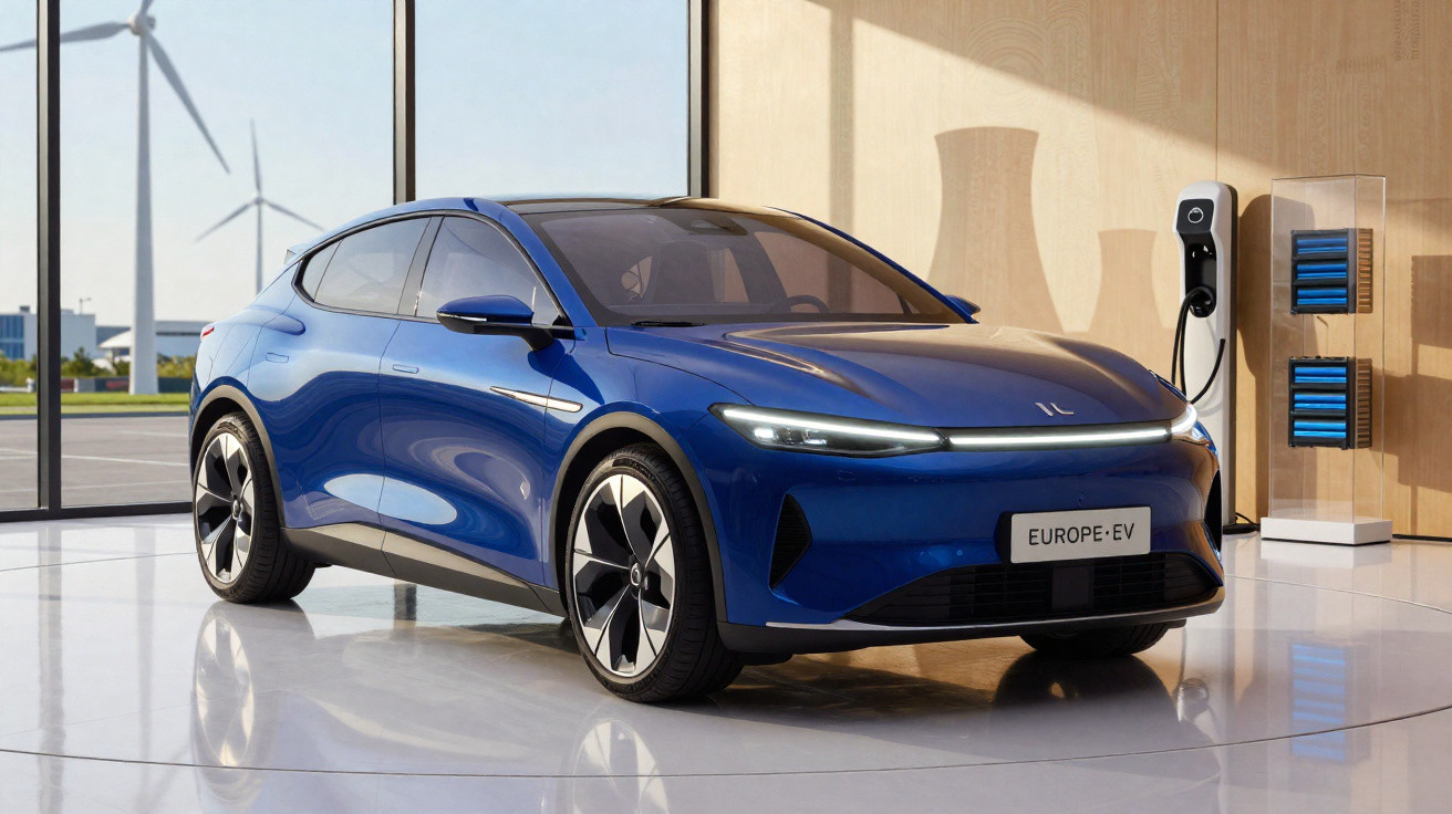 Carro elétrico azul moderno estacionado em ambiente interno com carregador e turbinas eólicas ao fundo.