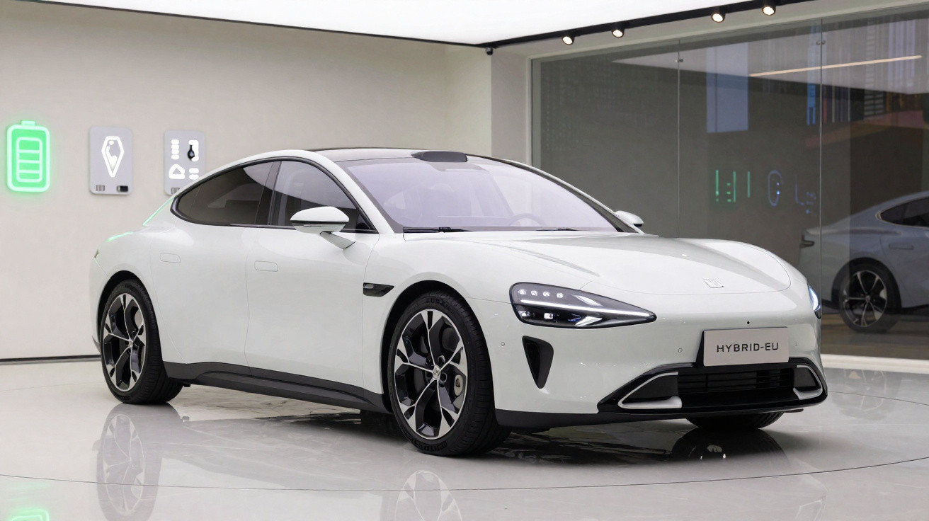 Carro elétrico híbrido branco em exposição em ambiente moderno com iluminação branca e vidro.