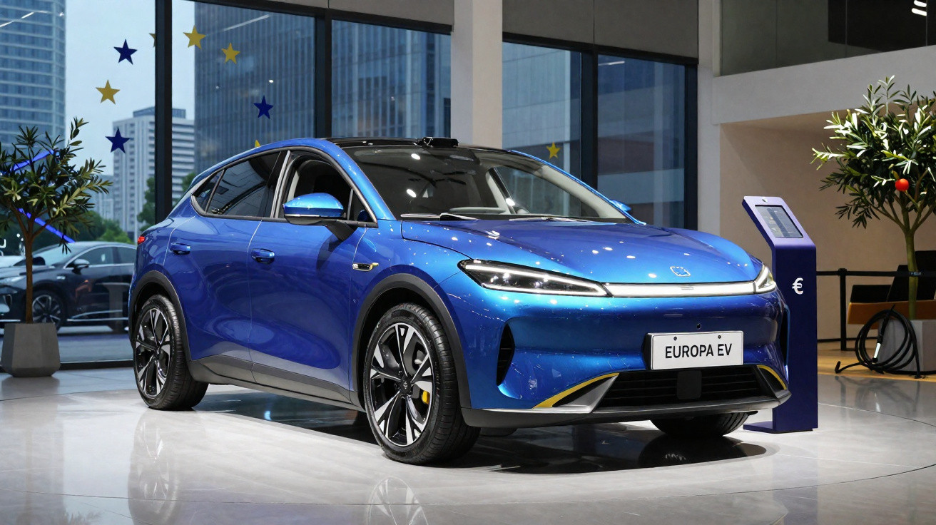 Carro elétrico azul Europa EV exposto em salão com painel de controle ao lado e prédio ao fundo.