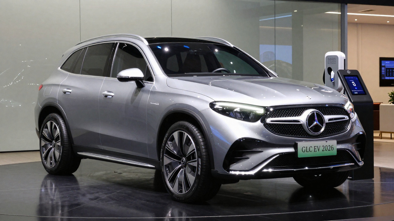 Carro SUV elétrico prata Mercedes-Benz GLC EV 2026 em destaque em ambiente interno moderno.