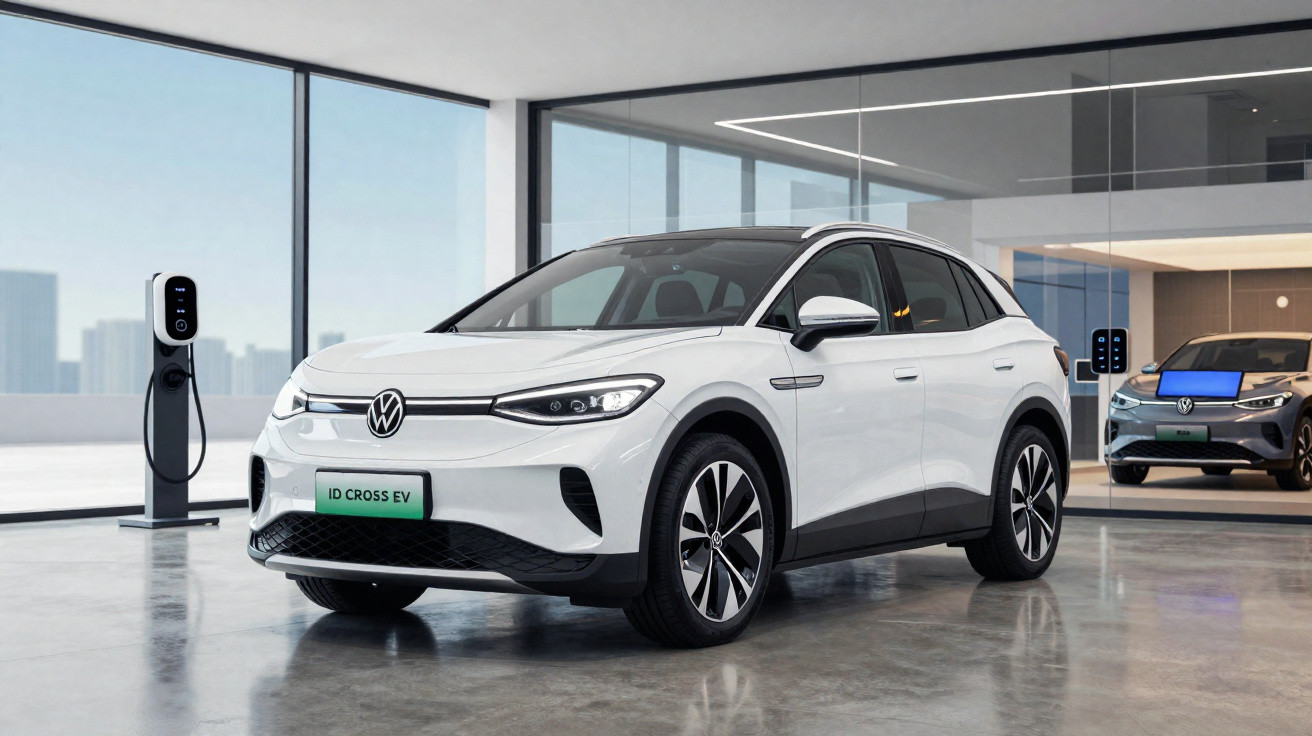 Carro elétrico Volkswagen ID. Cross EV branco estacionado em ambiente interno com estação de recarga.