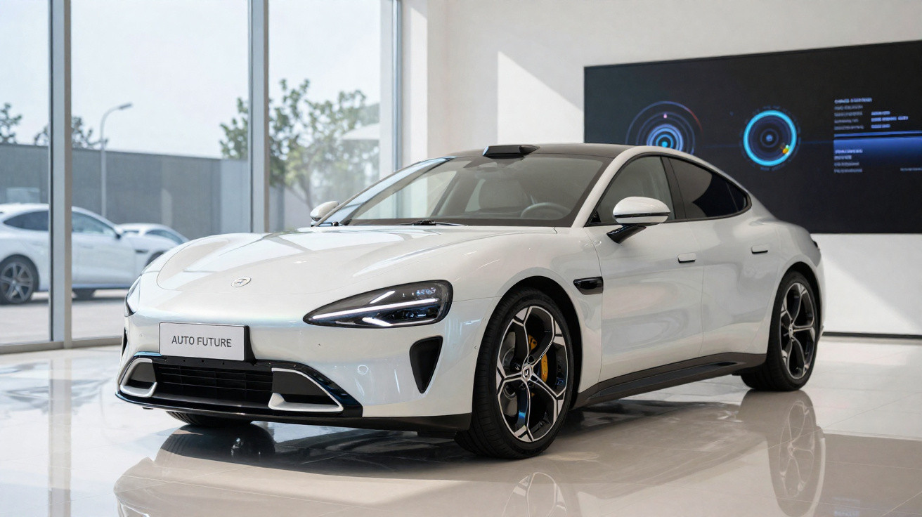Carro elétrico esportivo branco estacionado em showroom moderno com painel digital ao fundo.