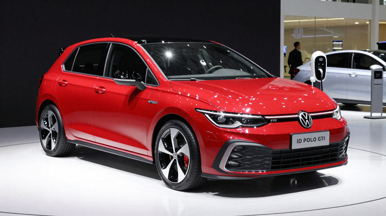 Carro esportivo vermelho Volkswagen ID Polo GTI exibido em ambiente interno com fundo escuro.