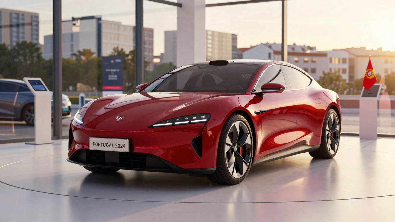 Carro esportivo elétrico vermelho em exposição interna com placa "Portugal 2024" e grande janela ao fundo.