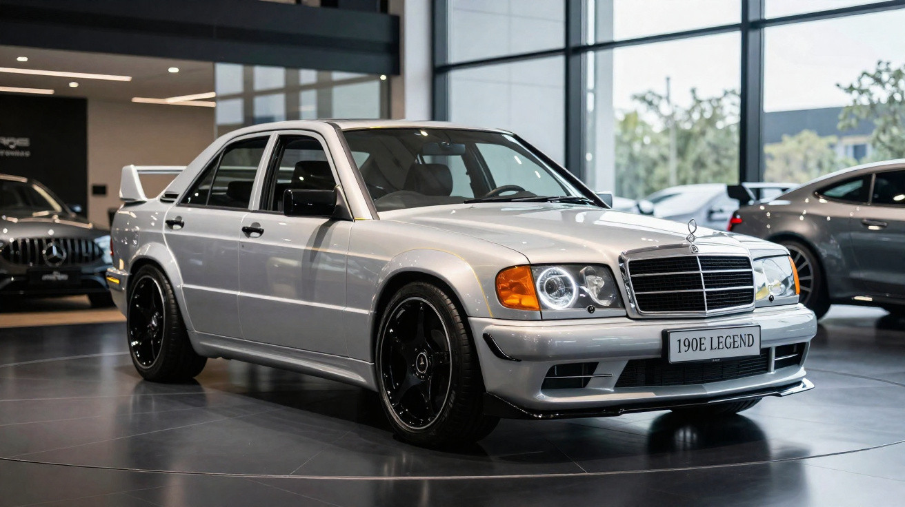 Carro clássico Mercedes-Benz 190E Legend prata exibido em showroom moderno com rodas pretas.