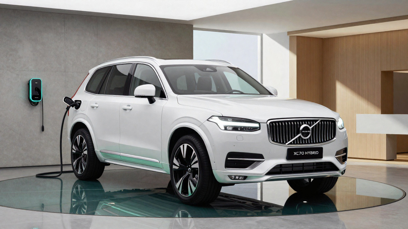 SUV branco Volvo XC70 Hybrid sendo carregado em estação elétrica interna moderna.