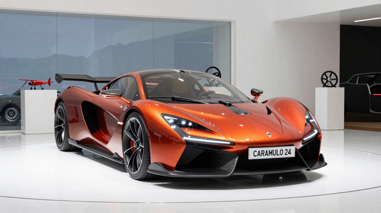 Carro esportivo laranja metálico em exposição em ambiente moderno e iluminado com placa "CARAMULO 24".