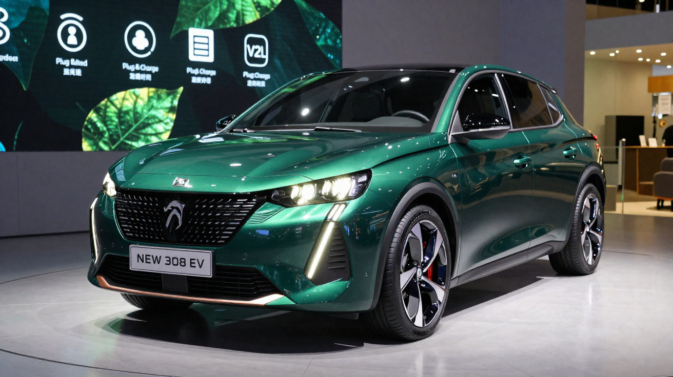 Carro elétrico Peugeot New 308 EV verde exibido em salão de automóveis moderno.