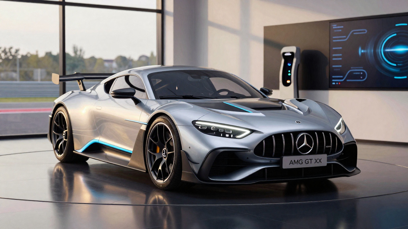 Carro esportivo Mercedes AMG GT XX prata exibido em showroom moderno com iluminação natural.